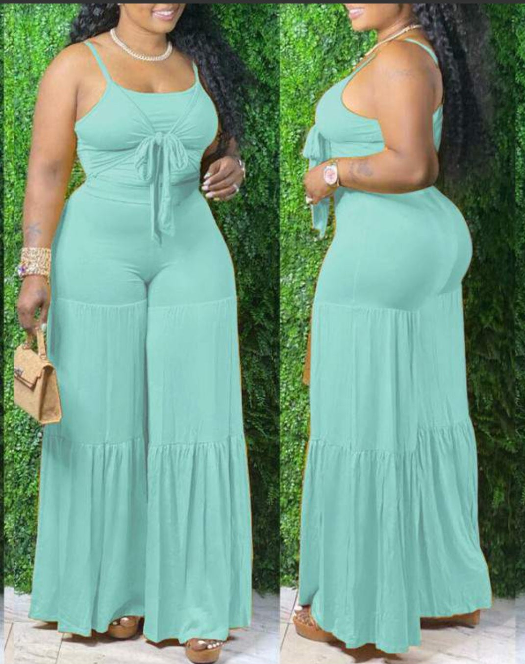 Plus Size Tie Front Top Wide Leg Pants Set