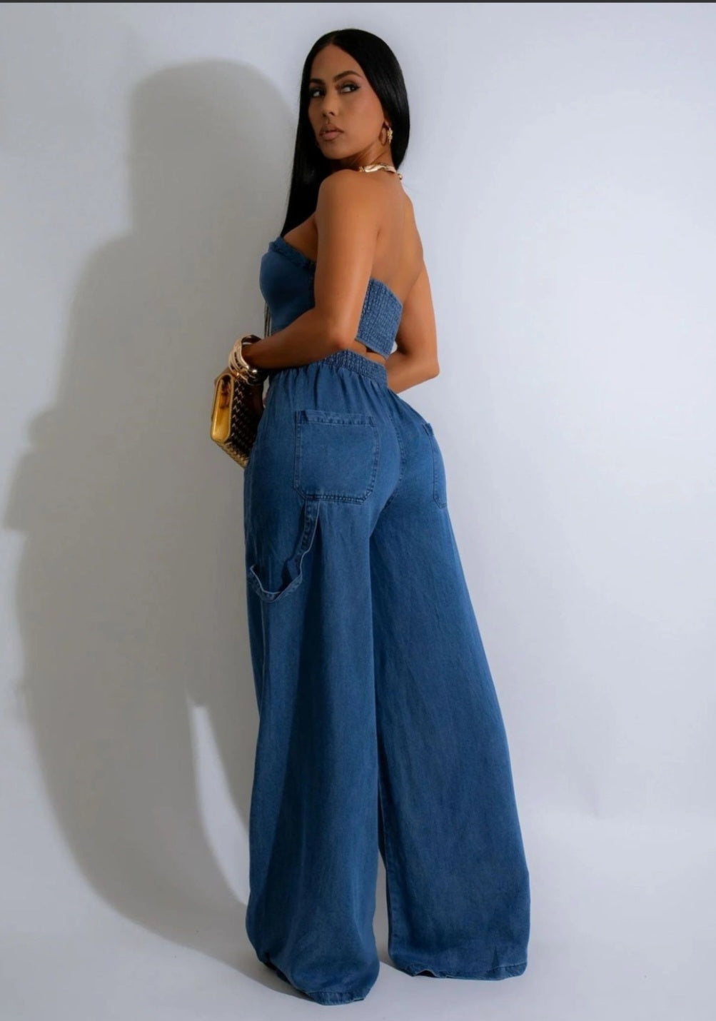 Women Fashion Casual Denim Tube Top Wide Leg Lace Up Jeans Set - Blue
