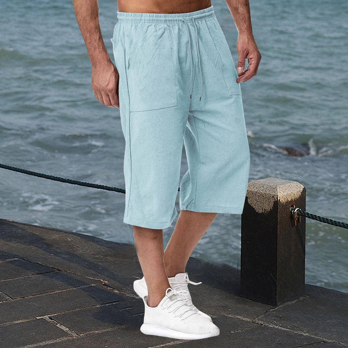 Men Casual Cotton And Linen Summer Cropped Pants: 24 Lt.Blue / XXL
