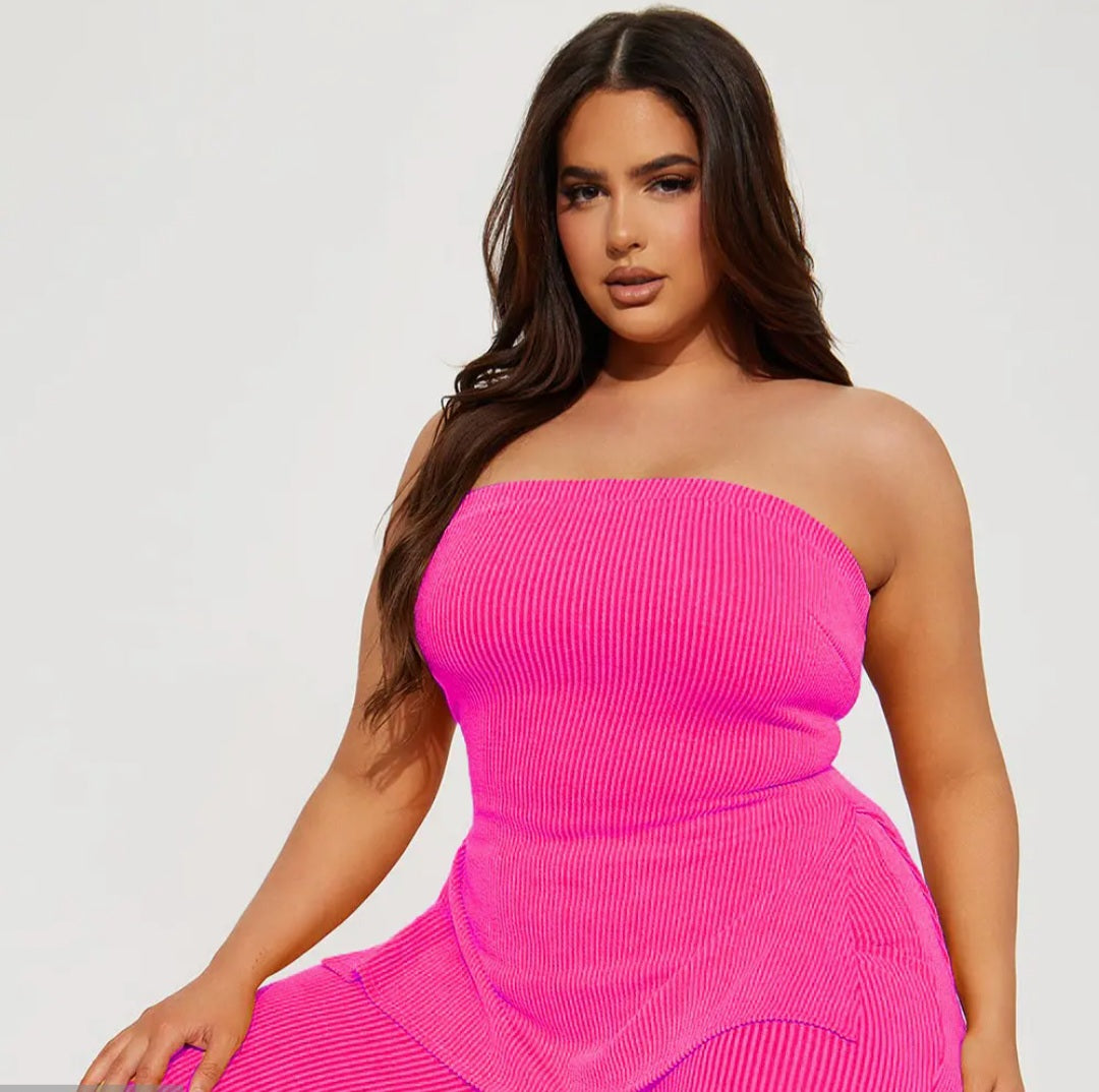 Rib Knit Tube Top and Flare Pants Set