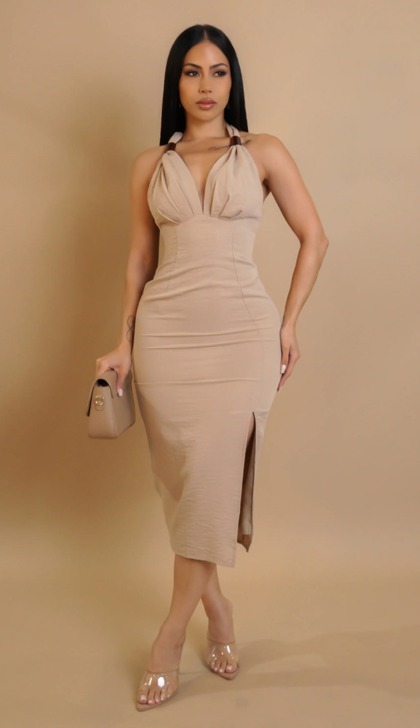 Getting Noticed Midi Dress - Tan