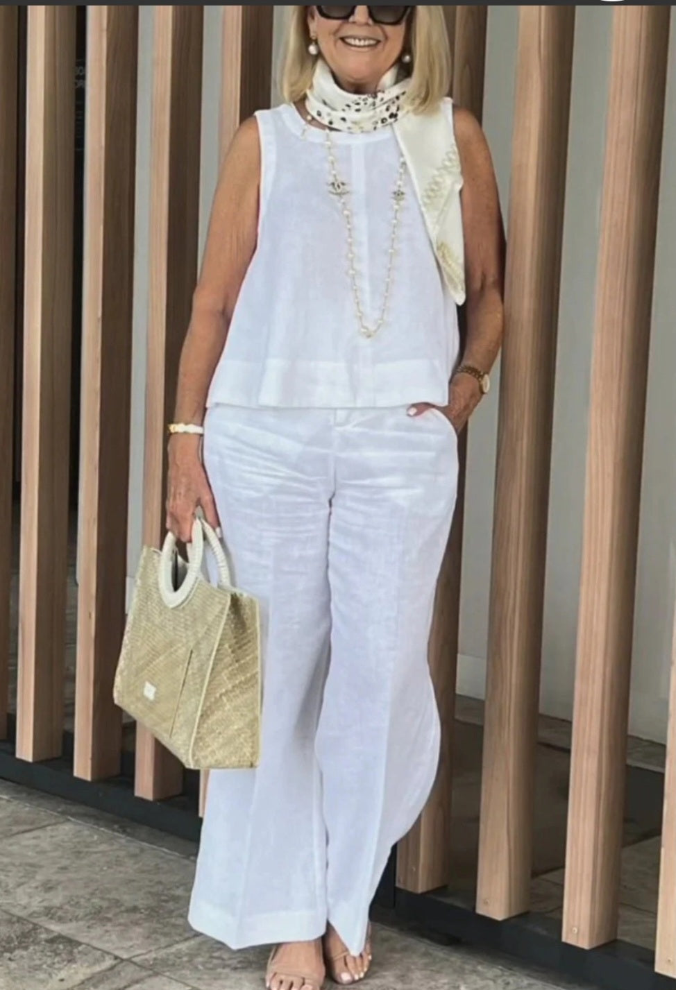 Wide Leg Pants Two-Piece Set - White