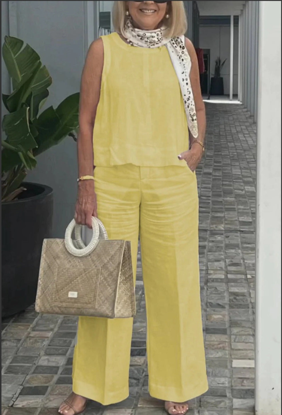 Wide Leg Pants Two-Piece Set - Yellow