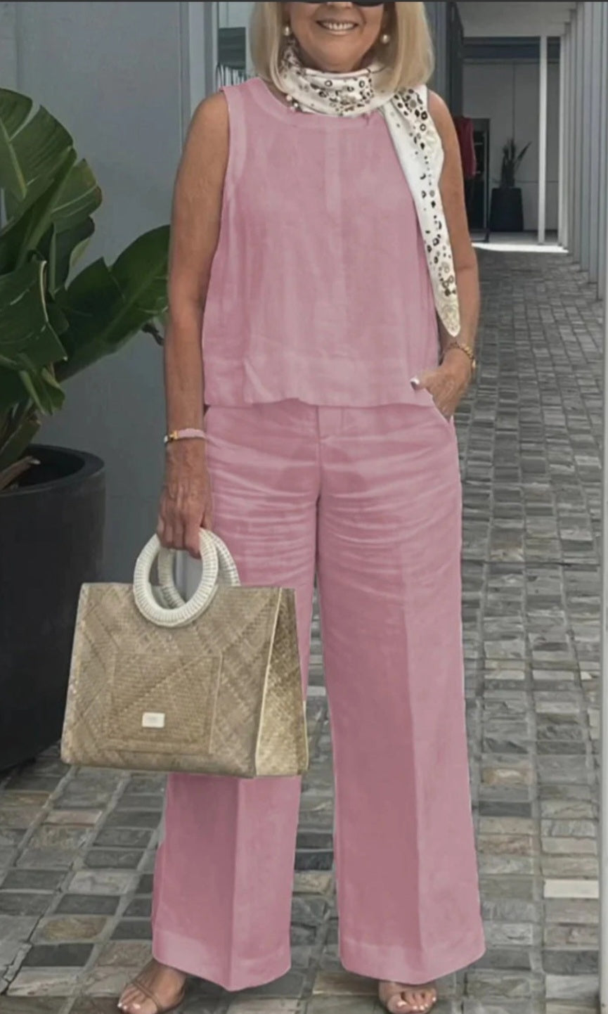 Wide Leg Pants Two-Piece Set - Pink