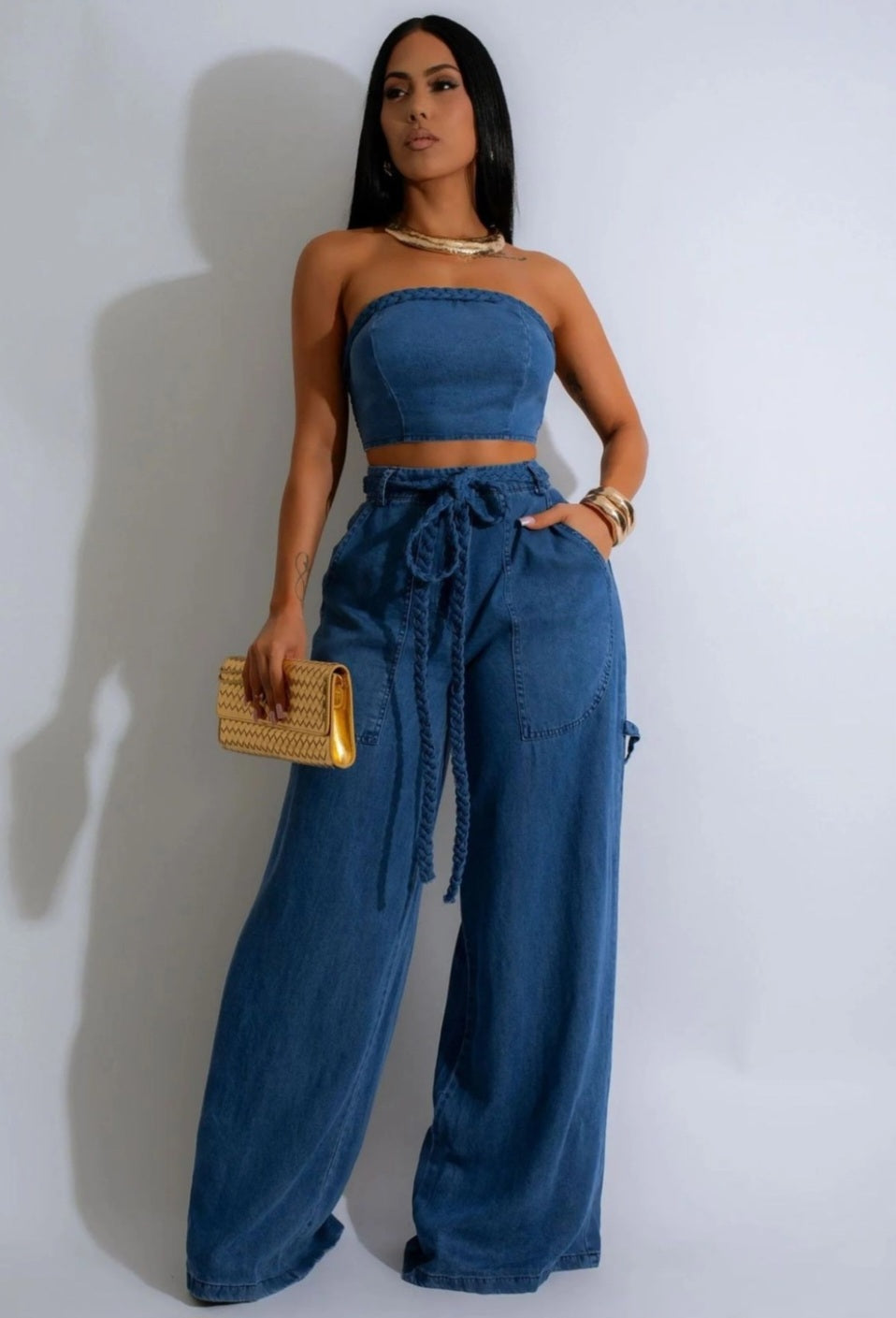 Women Fashion Casual Denim Tube Top Wide Leg Lace Up Jeans Set - Blue