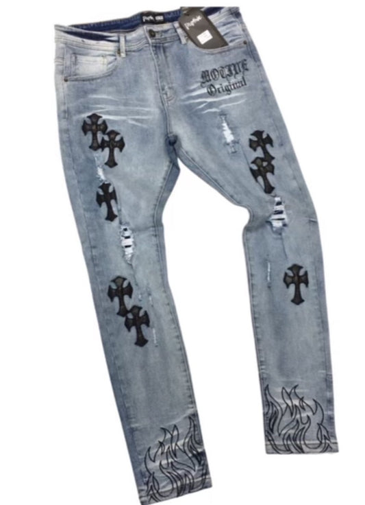 LT Blue Leather Cross Patch Jeans